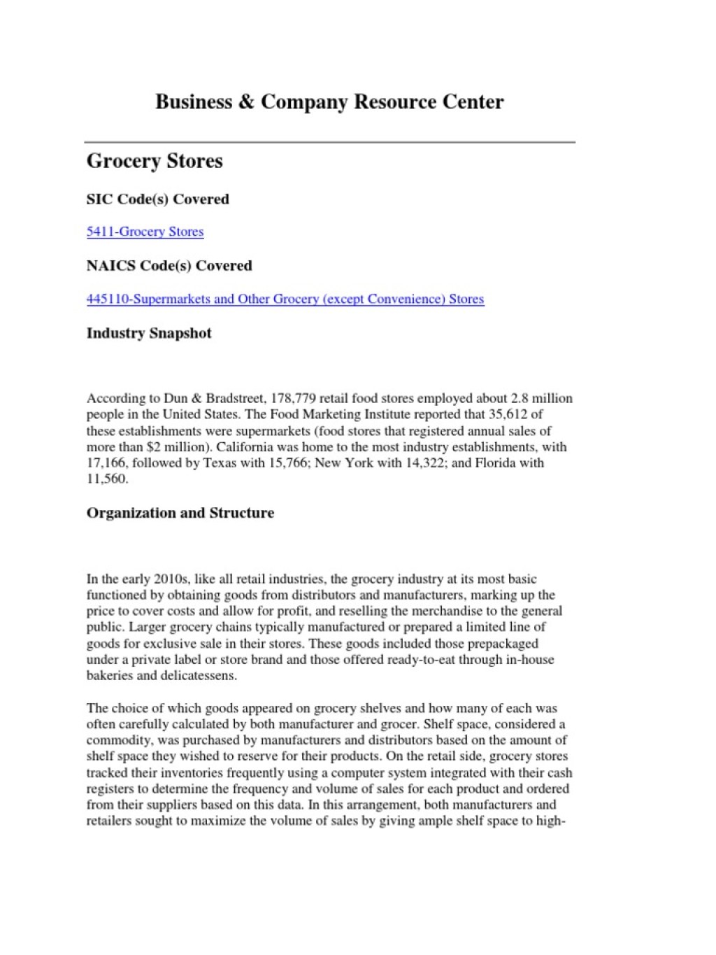 Picture of: Grocery Stores – Industry Report – SIC Code   PDF